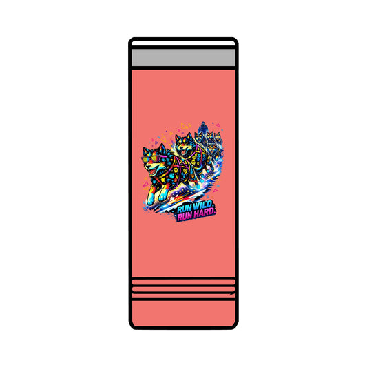 22oz Skinny Tumbler — Colorful Husky Sled Team "Run Wild, Run Hard" Travel Mug