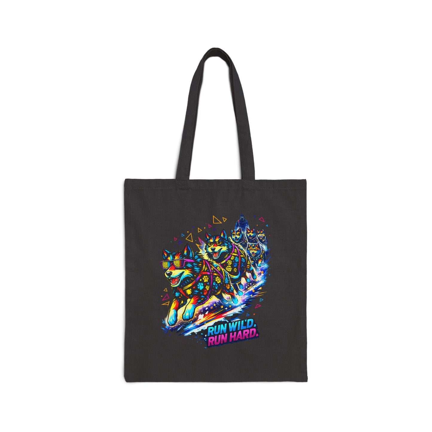 Run Wild Run Hard Cat Tote — Colorful Racing Cat Cotton Canvas Tote Bag