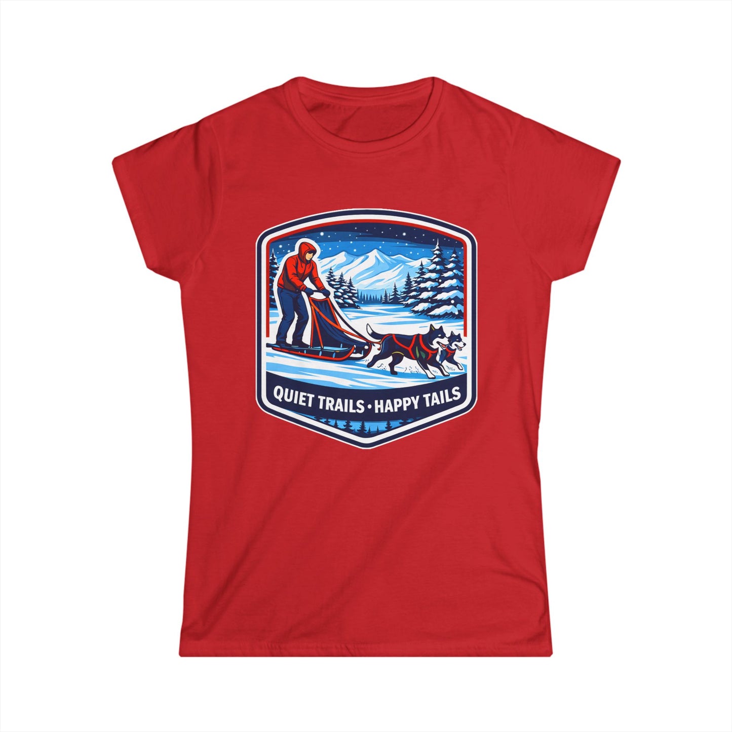 Quiet Trails, Happy Tails Women's Tee — Winter Skiing Dog Rescue Shirt