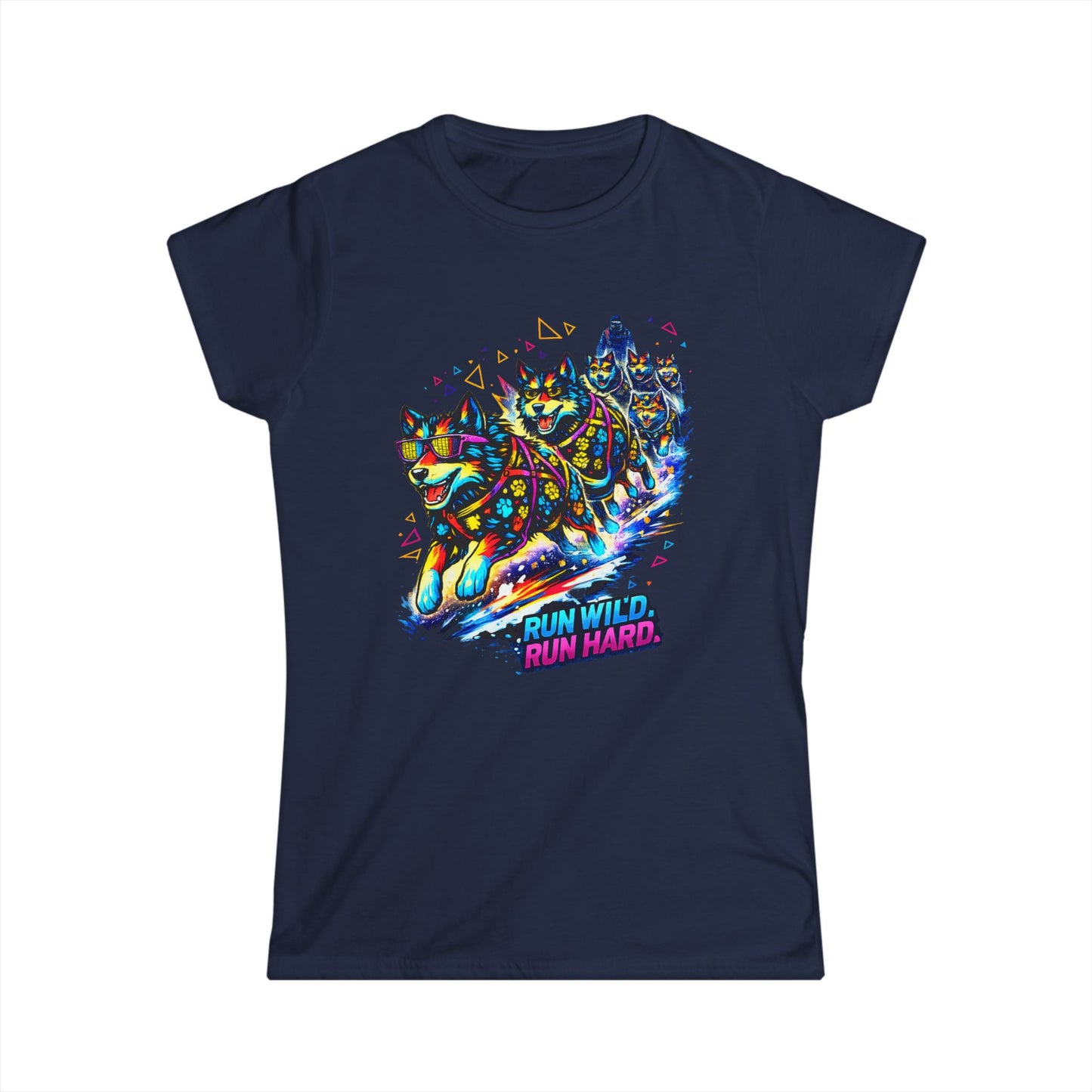 Women's Tee — Vibrant Husky Sled Team "Run Wild, Run Hard"