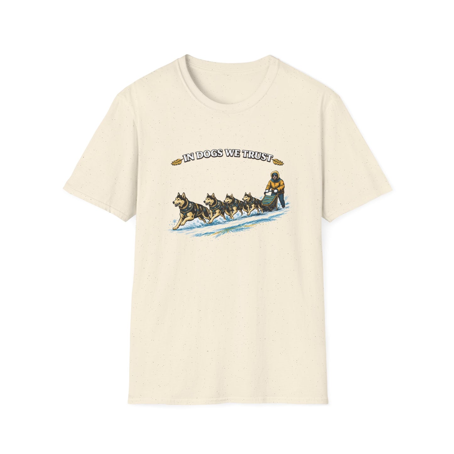 Musher & Sled Dogs T-Shirt — “In Dogs We Trust” Vintage Sledding Tee