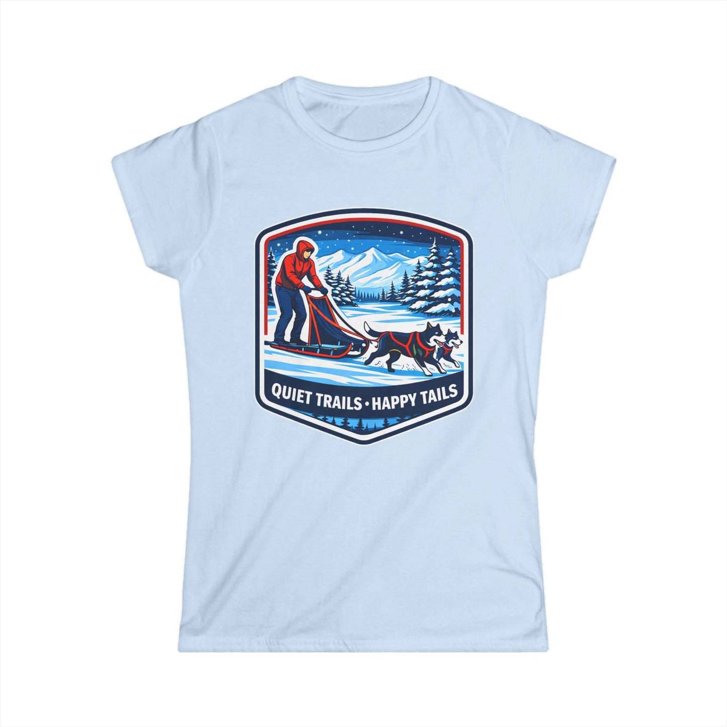 Quiet Trails, Happy Tails Women's Tee — Winter Skiing Dog Rescue Shirt