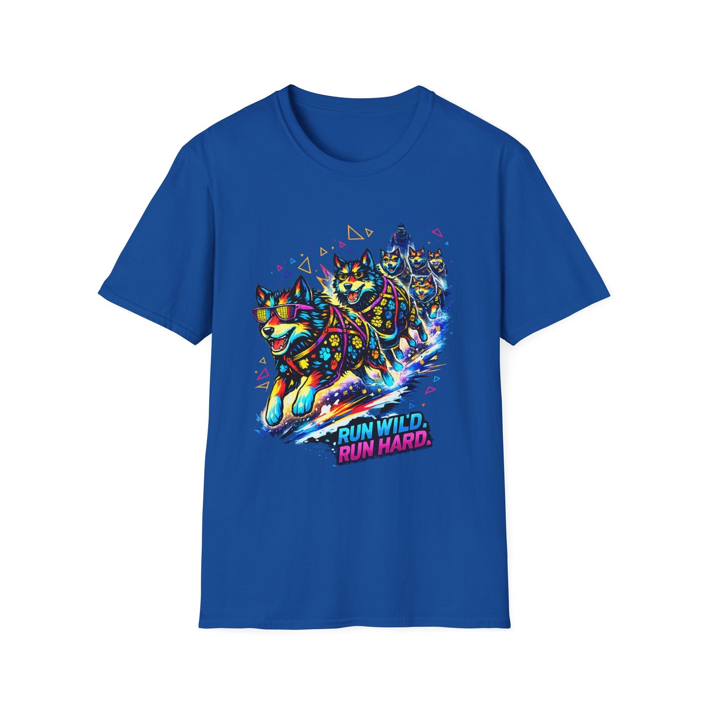 Husky Sled Team T-Shirt — 'Run Wild, Run Hard' Neon Adventure Tee