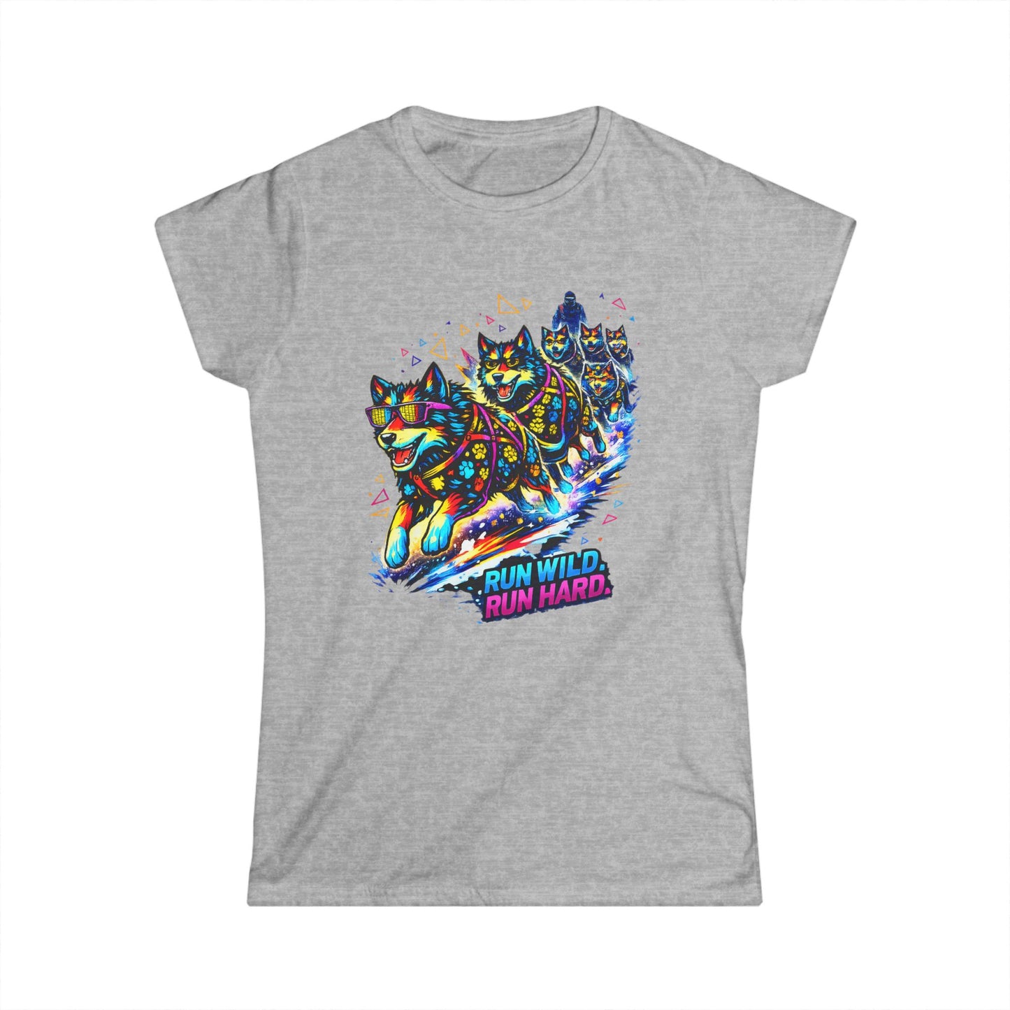 Women's Tee — Vibrant Husky Sled Team "Run Wild, Run Hard"