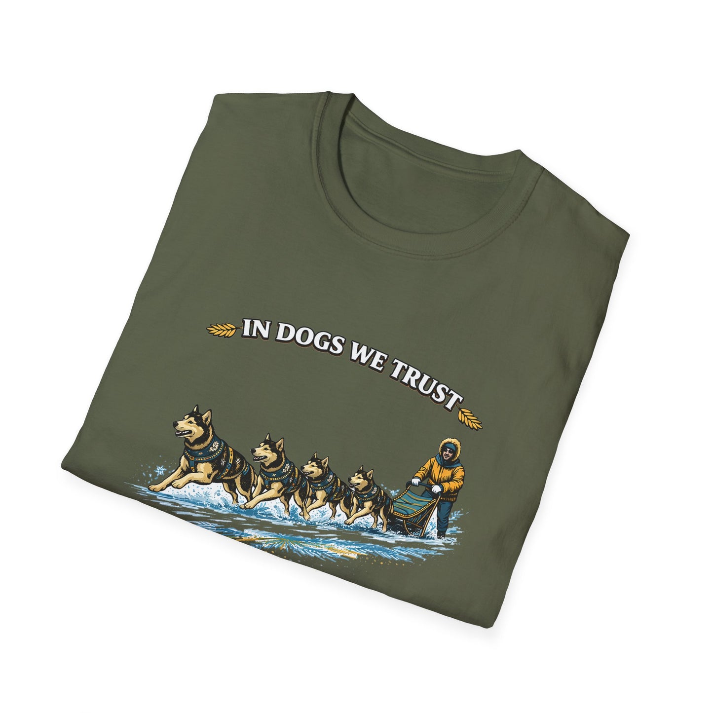 Musher & Sled Dogs T-Shirt — “In Dogs We Trust” Vintage Sledding Tee