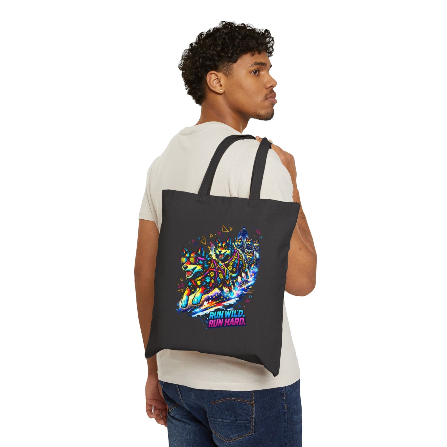Run Wild Run Hard Cat Tote — Colorful Racing Cat Cotton Canvas Tote Bag