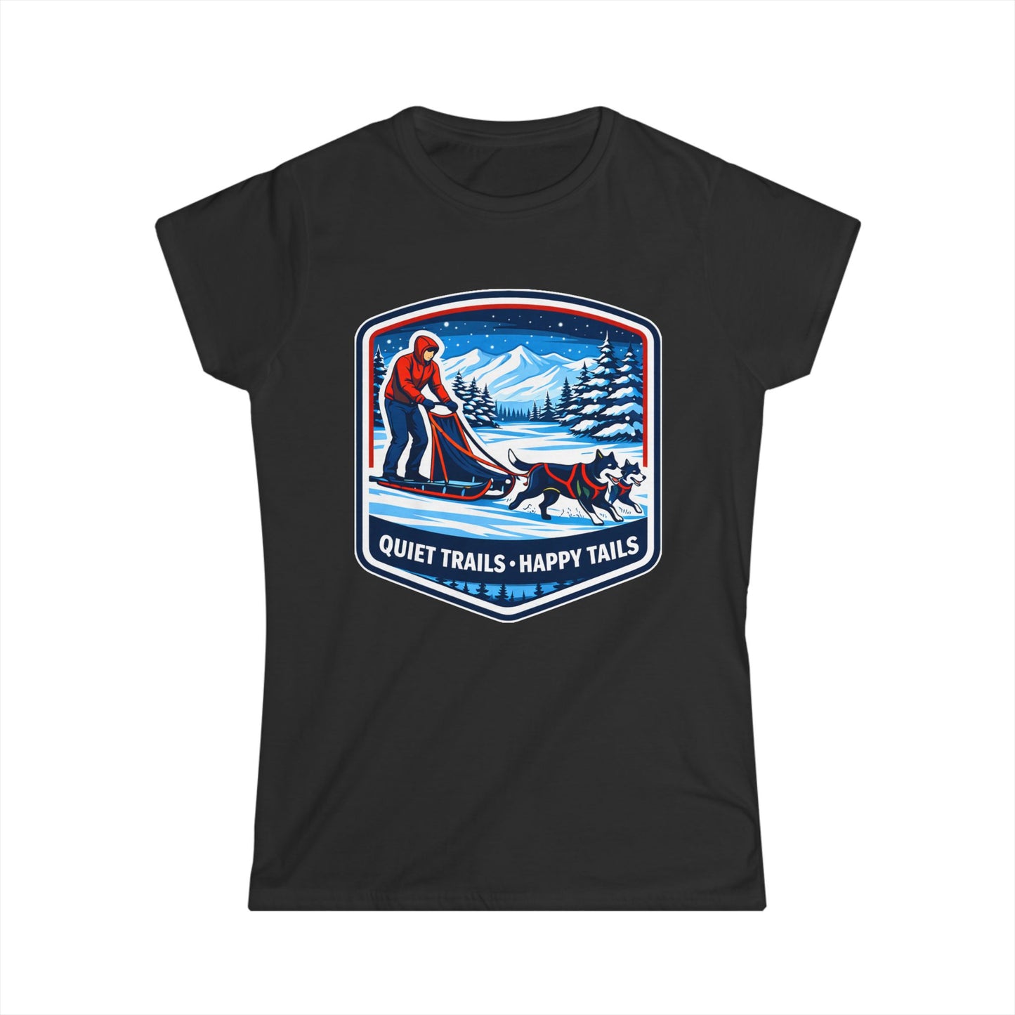 Quiet Trails, Happy Tails Women's Tee — Winter Skiing Dog Rescue Shirt