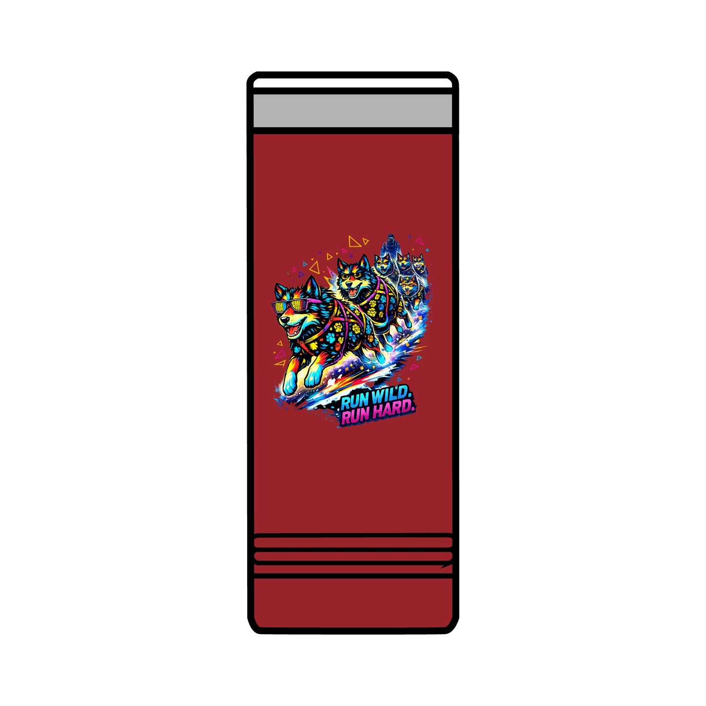 22oz Skinny Tumbler — Colorful Husky Sled Team "Run Wild, Run Hard" Travel Mug