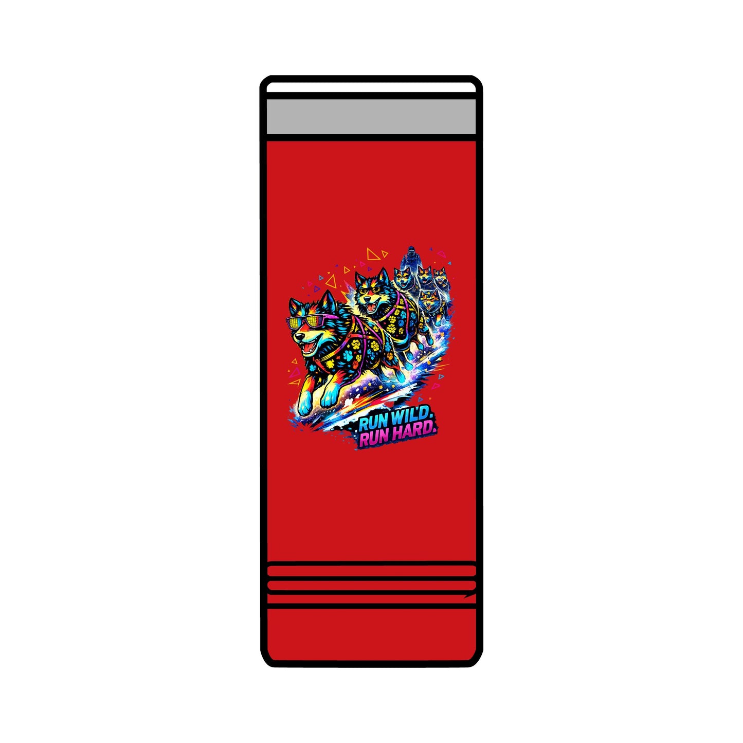 22oz Skinny Tumbler — Colorful Husky Sled Team "Run Wild, Run Hard" Travel Mug