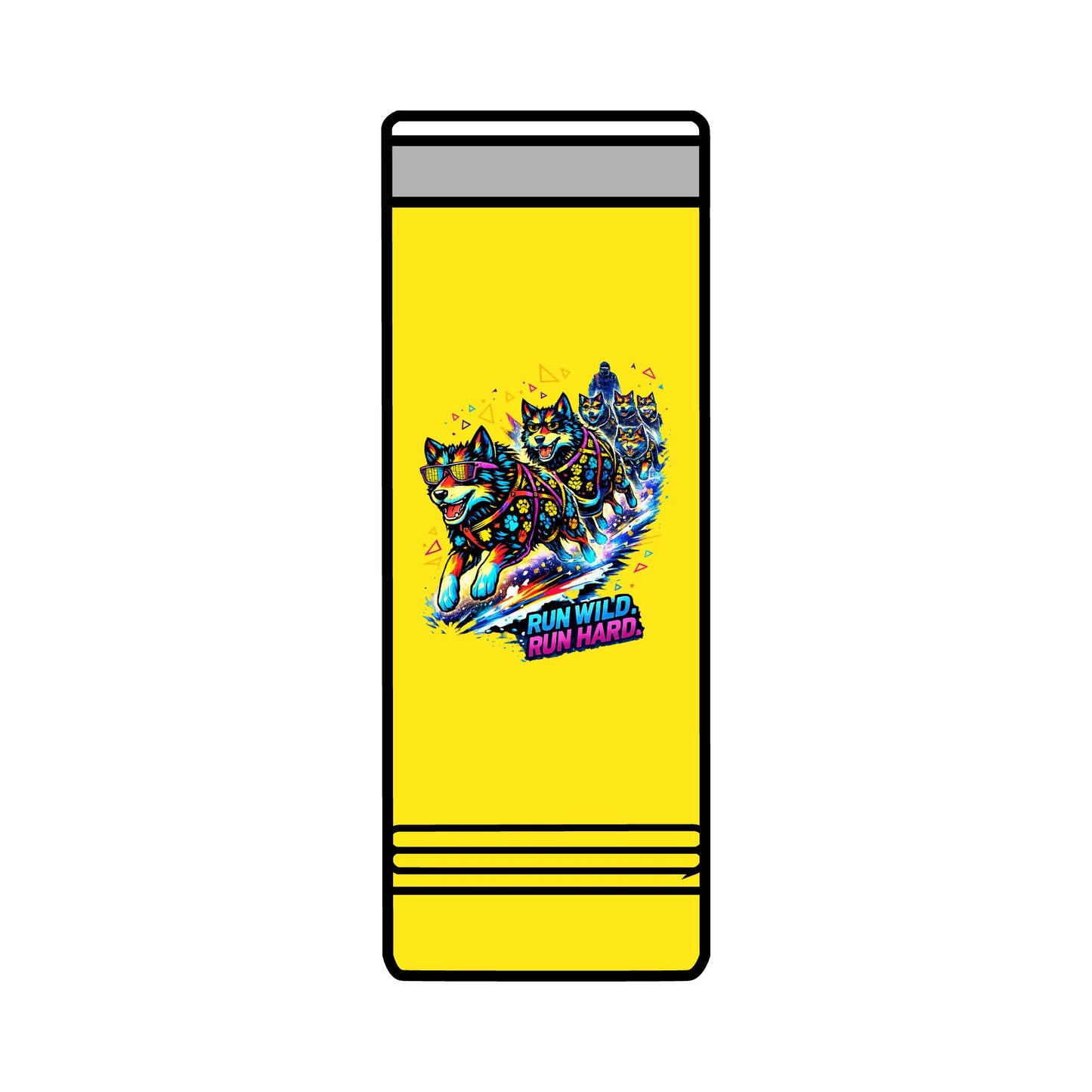 22oz Skinny Tumbler — Colorful Husky Sled Team "Run Wild, Run Hard" Travel Mug