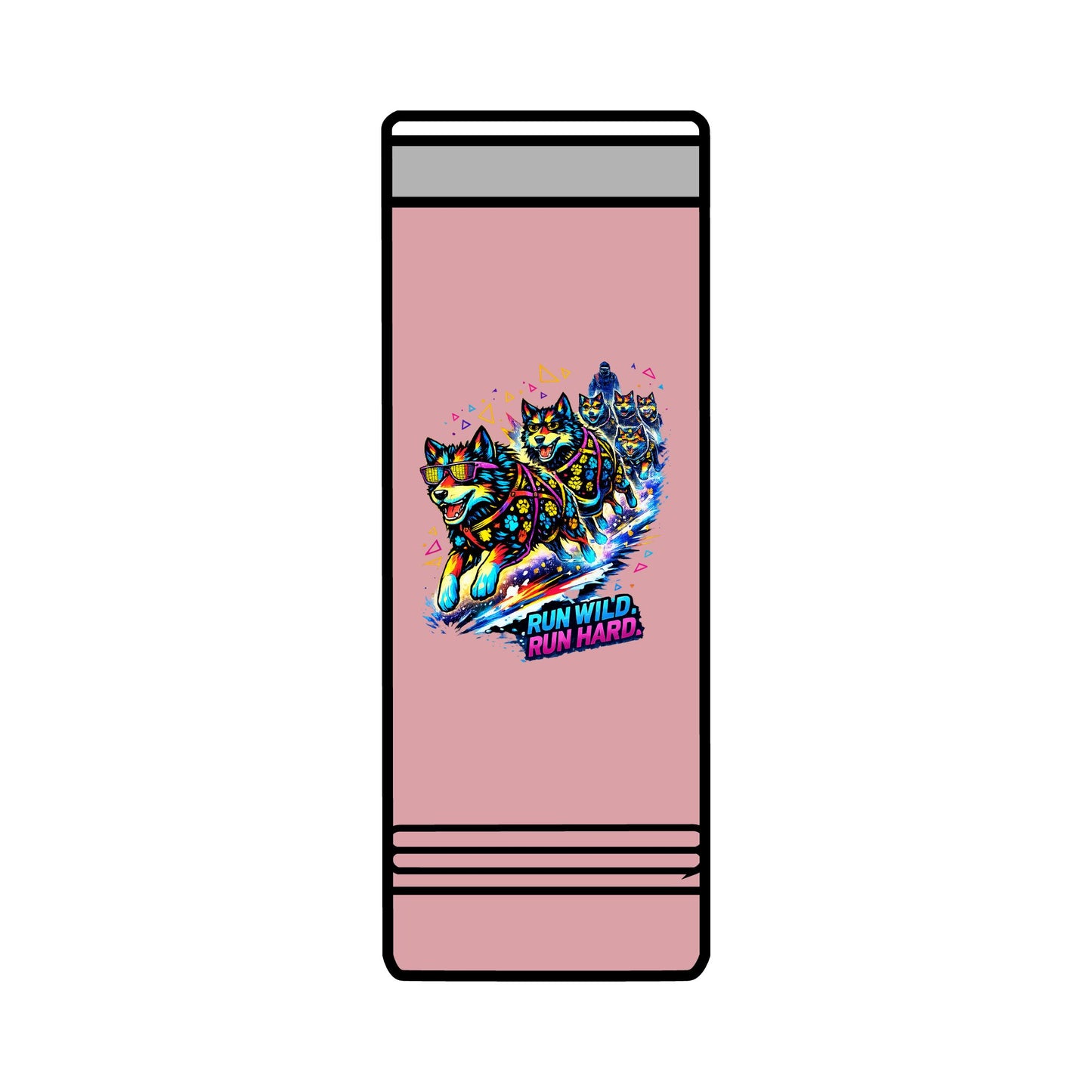 22oz Skinny Tumbler — Colorful Husky Sled Team "Run Wild, Run Hard" Travel Mug