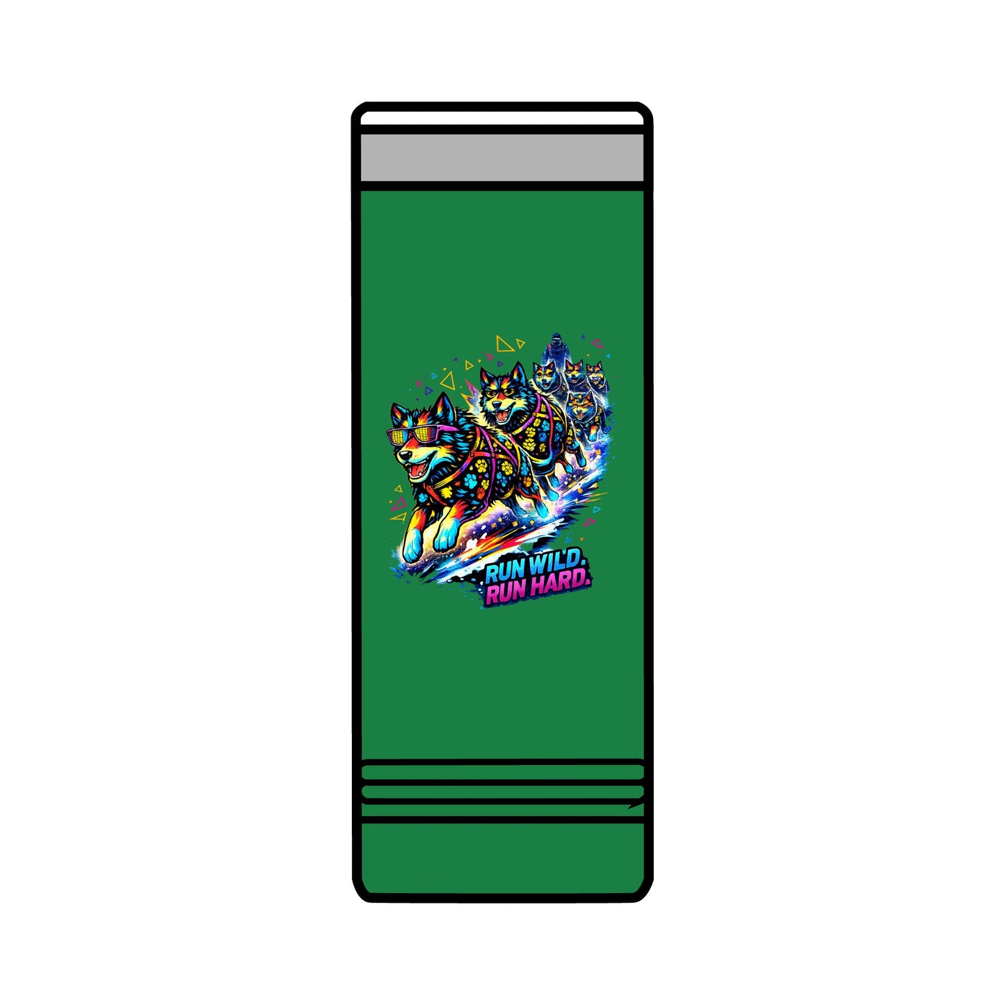 22oz Skinny Tumbler — Colorful Husky Sled Team "Run Wild, Run Hard" Travel Mug