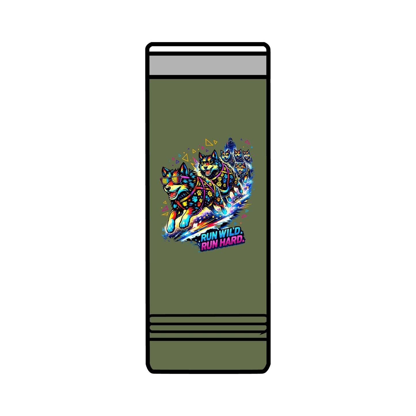 22oz Skinny Tumbler — Colorful Husky Sled Team "Run Wild, Run Hard" Travel Mug