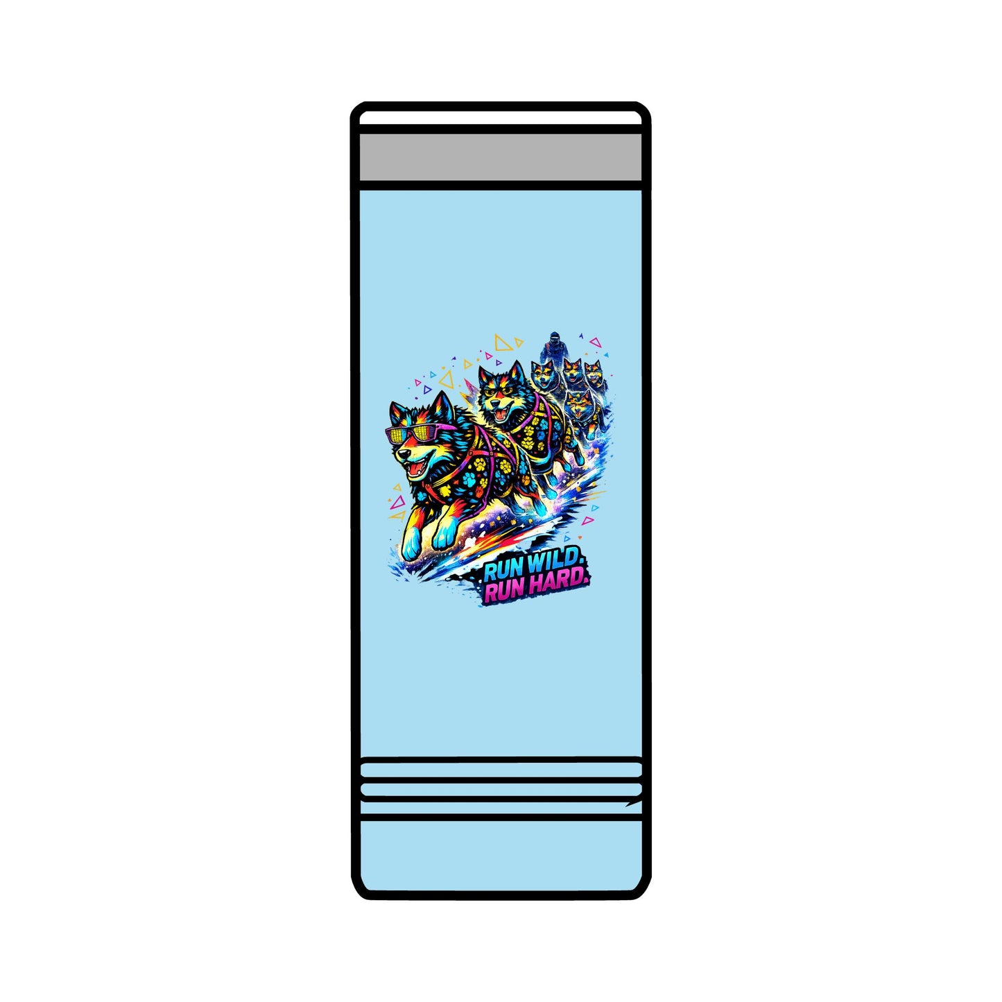22oz Skinny Tumbler — Colorful Husky Sled Team "Run Wild, Run Hard" Travel Mug