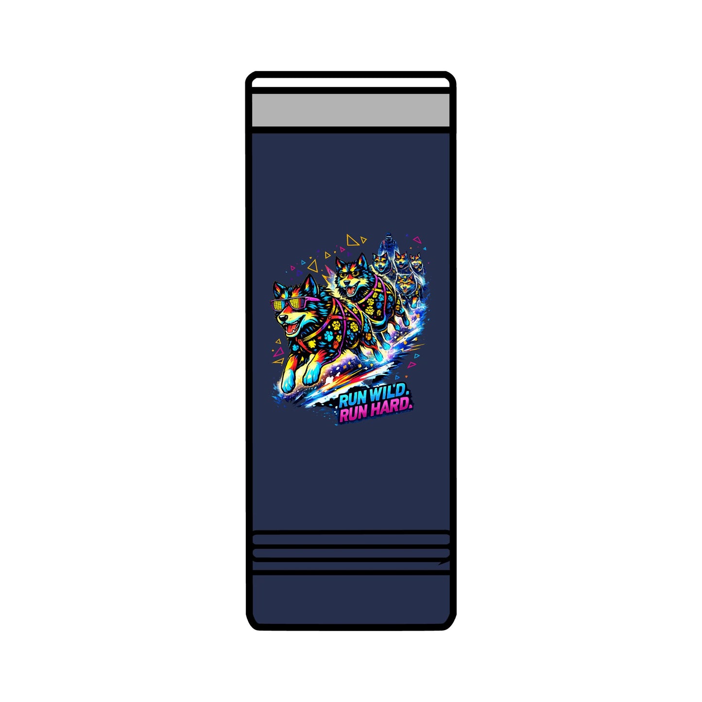22oz Skinny Tumbler — Colorful Husky Sled Team "Run Wild, Run Hard" Travel Mug