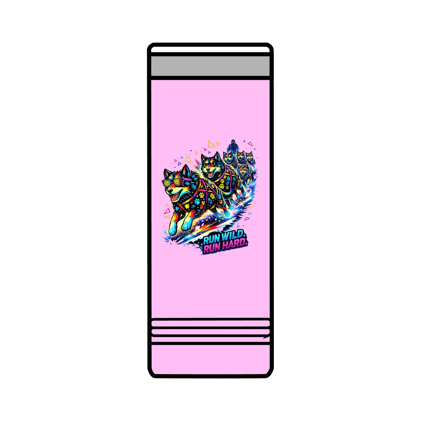 22oz Skinny Tumbler — Colorful Husky Sled Team "Run Wild, Run Hard" Travel Mug