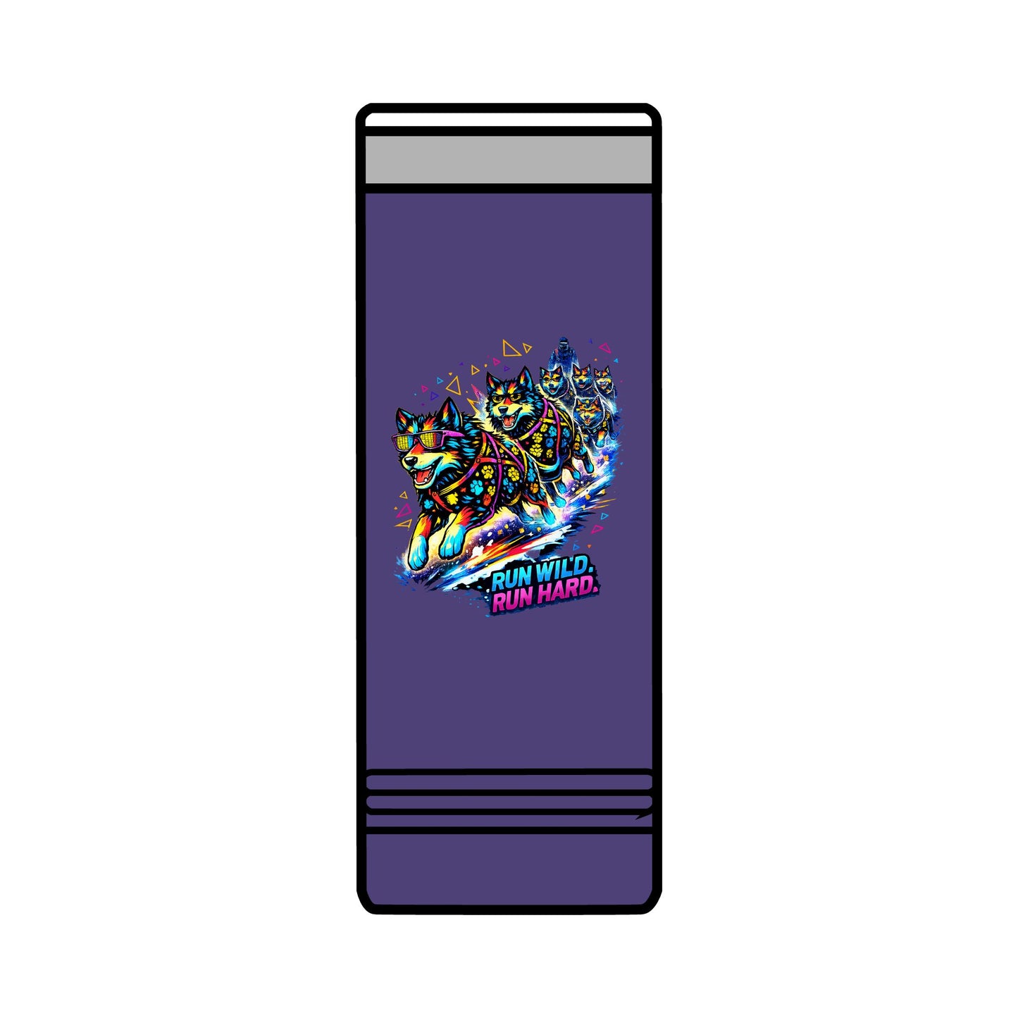 22oz Skinny Tumbler — Colorful Husky Sled Team "Run Wild, Run Hard" Travel Mug