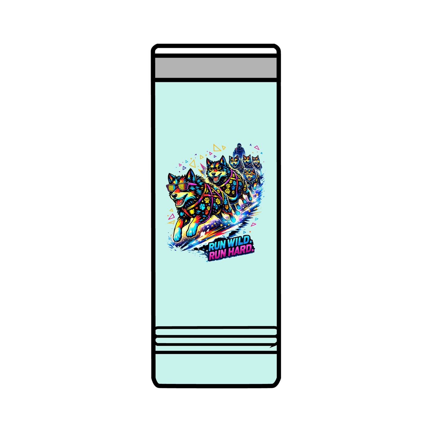 22oz Skinny Tumbler — Colorful Husky Sled Team "Run Wild, Run Hard" Travel Mug