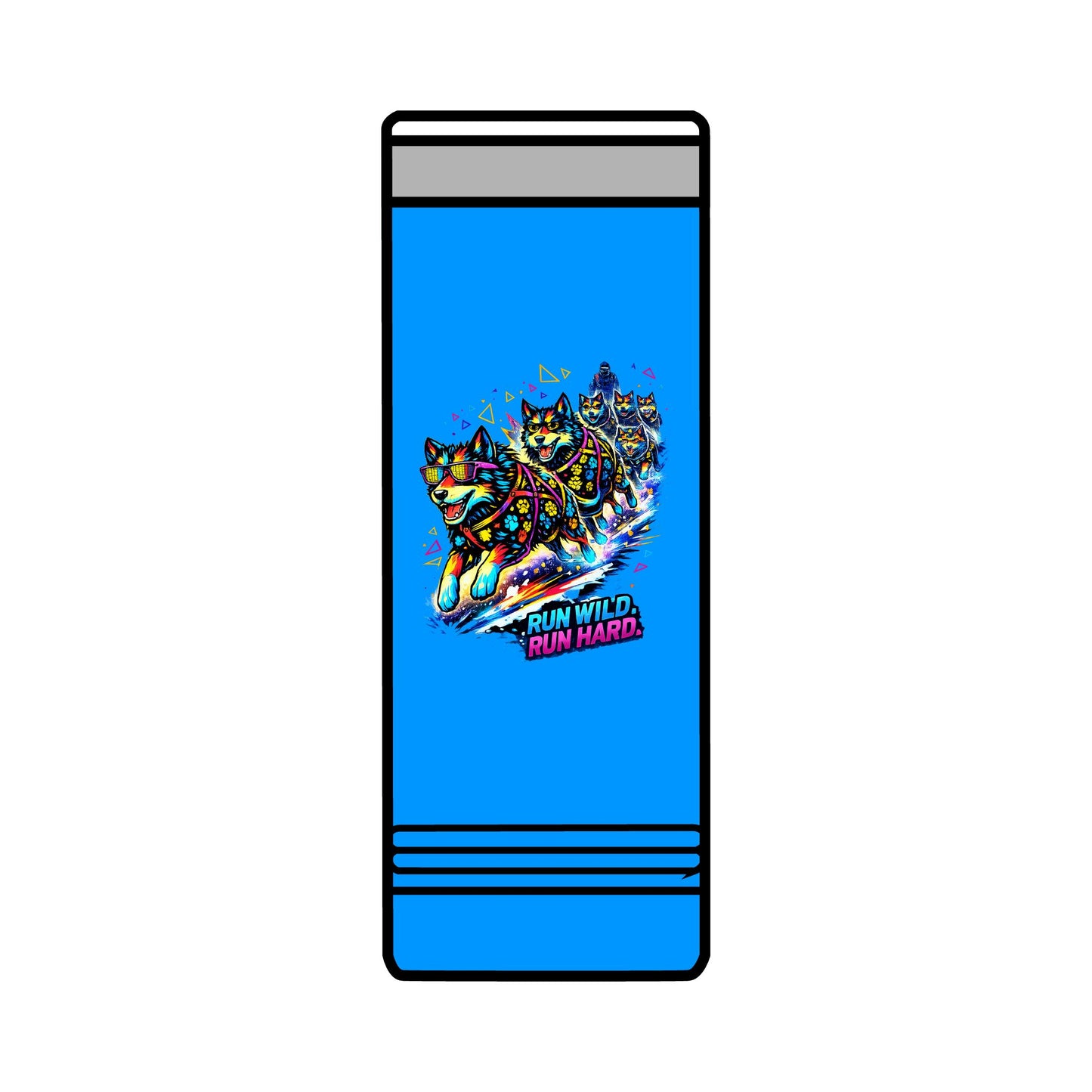 22oz Skinny Tumbler — Colorful Husky Sled Team "Run Wild, Run Hard" Travel Mug