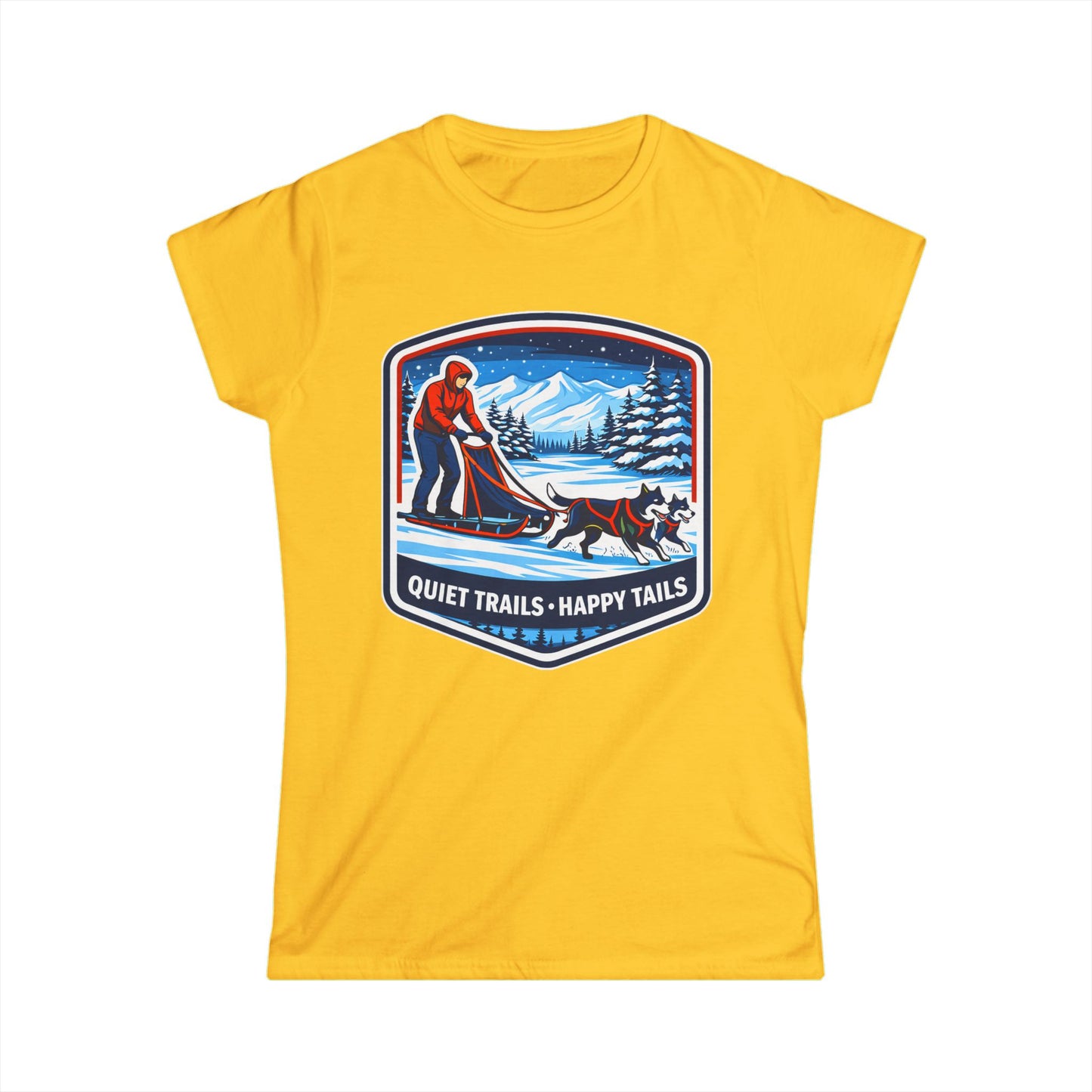 Quiet Trails, Happy Tails Women's Tee — Winter Skiing Dog Rescue Shirt