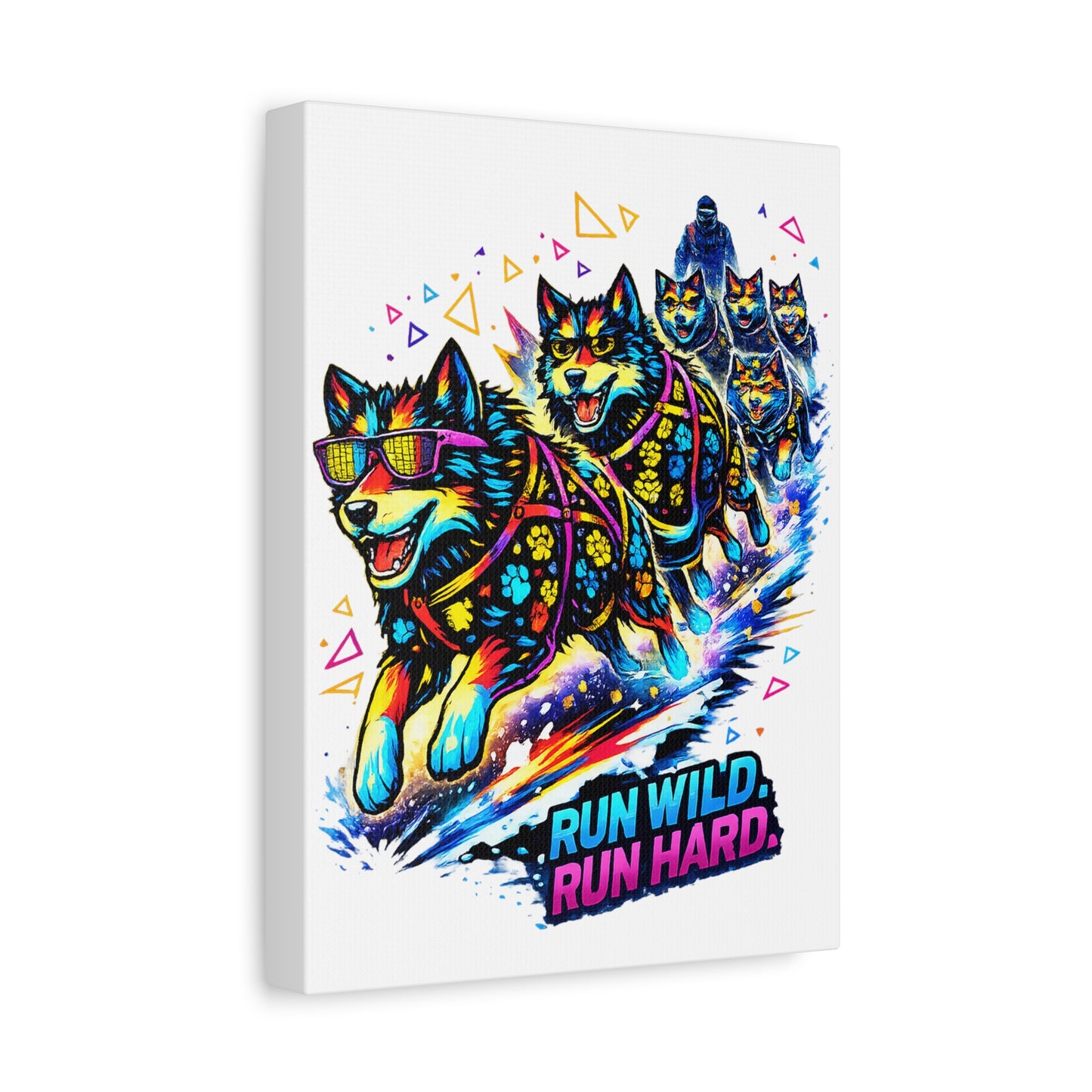 Vibrant Neon Huskies Canvas - "Run Wild, Run Hard" Stretched Wall Art