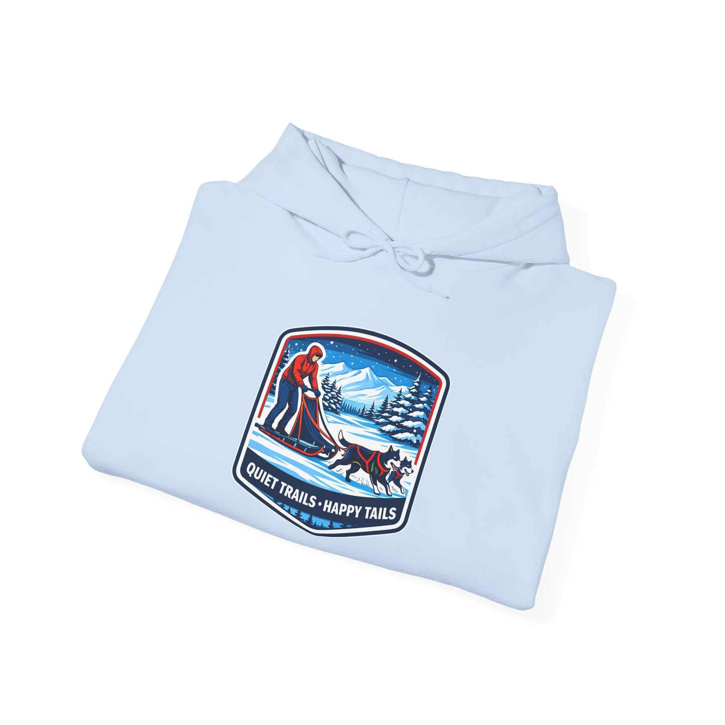 Winter Dog Sledding Hoodie — Quiet Trails, Happy Trails Patch