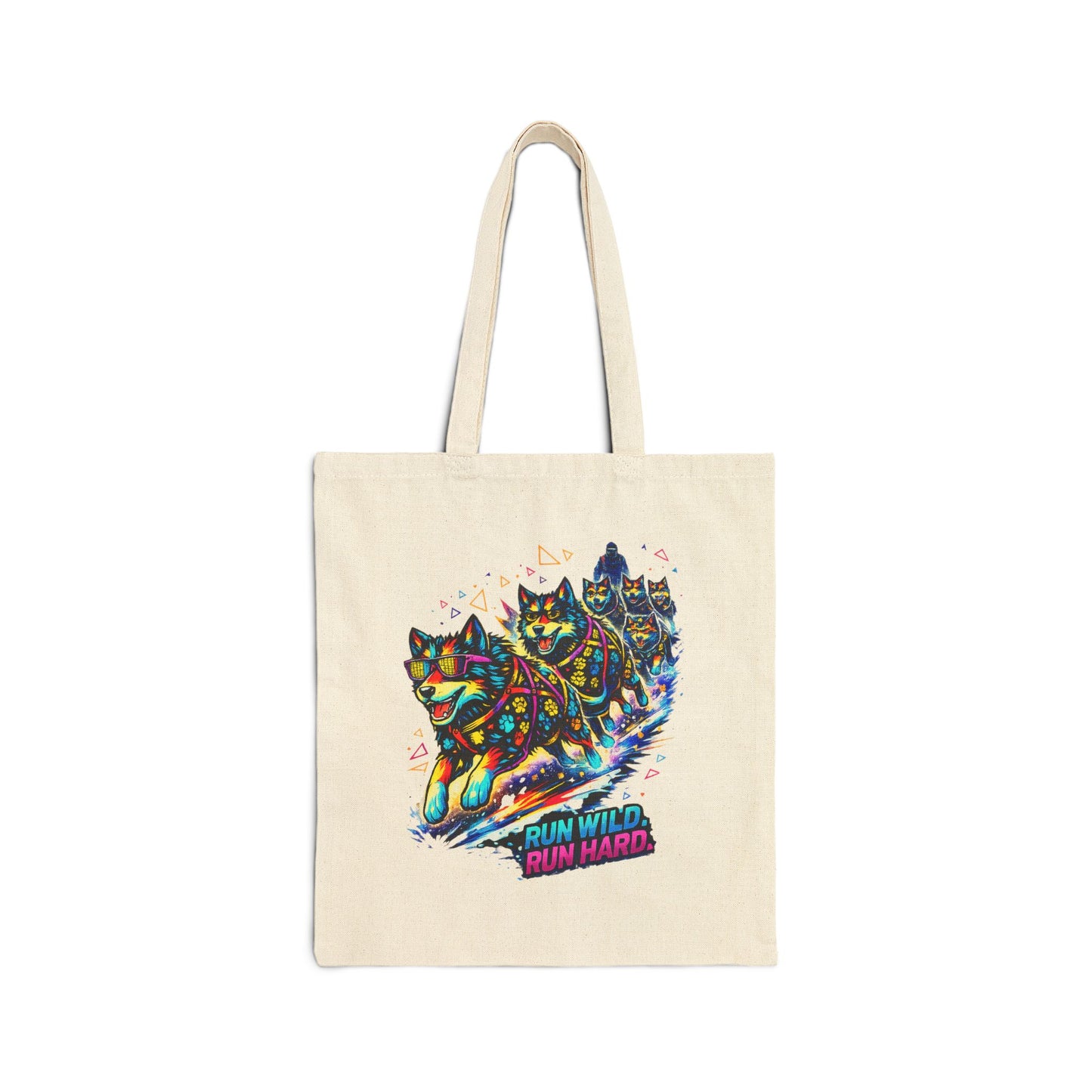 Run Wild Run Hard Cat Tote — Colorful Racing Cat Cotton Canvas Tote Bag