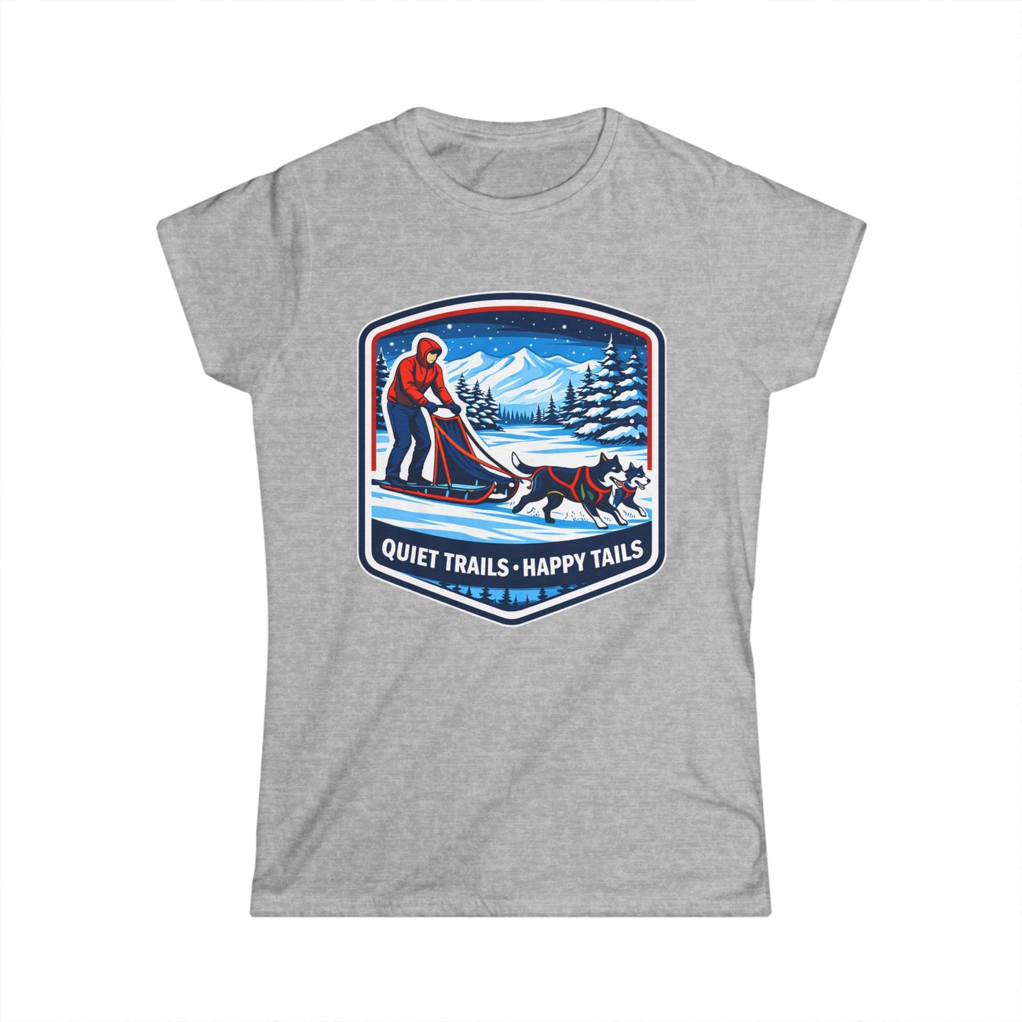 Quiet Trails, Happy Tails Women's Tee — Winter Skiing Dog Rescue Shirt