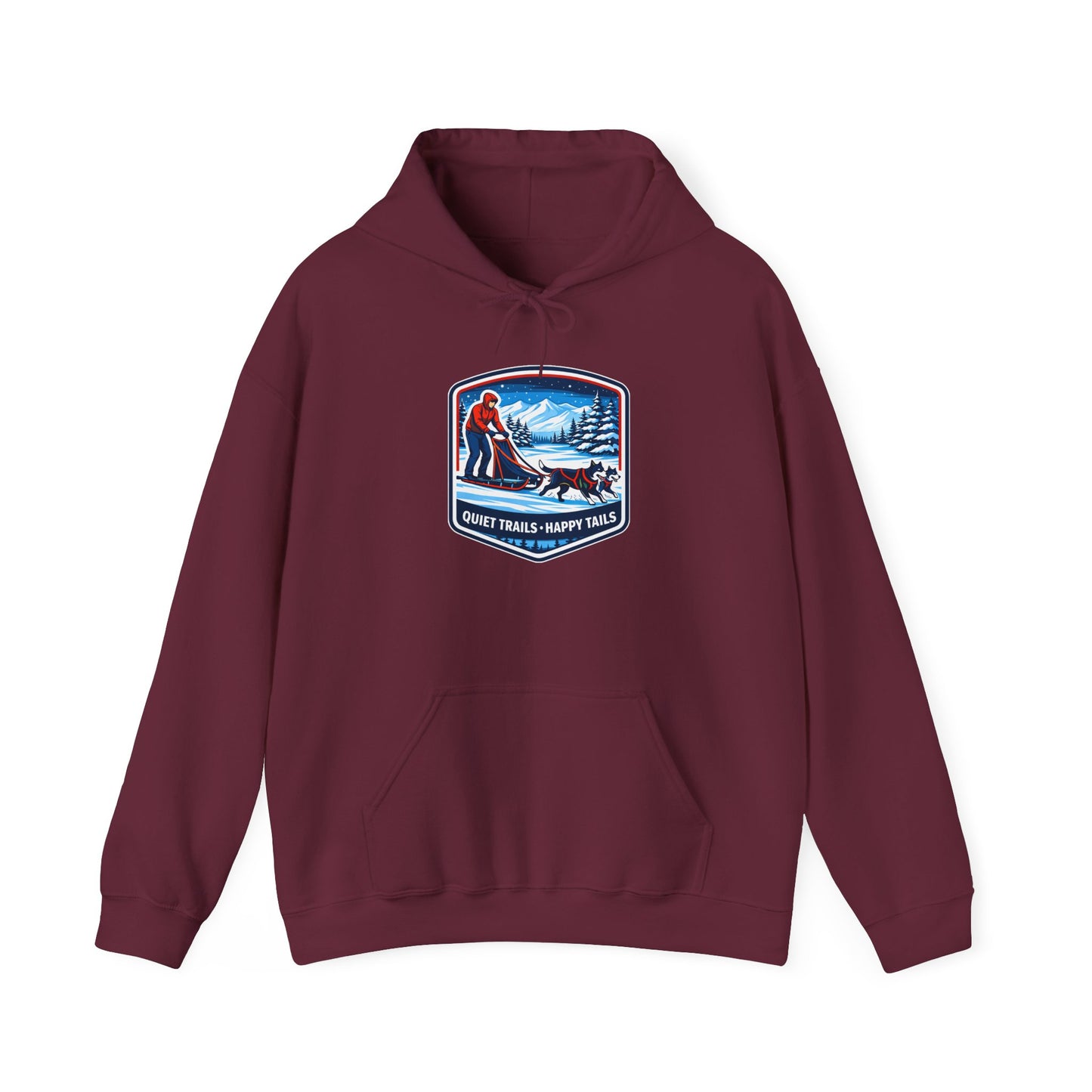 Winter Dog Sledding Hoodie — Quiet Trails, Happy Trails Patch