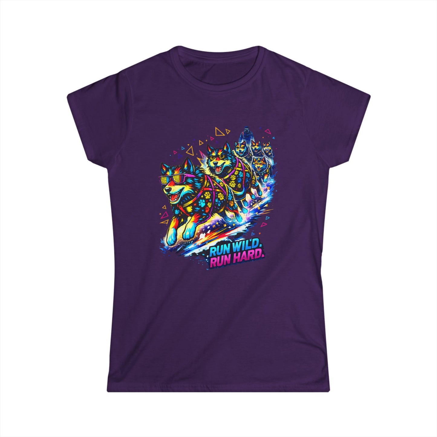 Women's Tee — Vibrant Husky Sled Team "Run Wild, Run Hard"