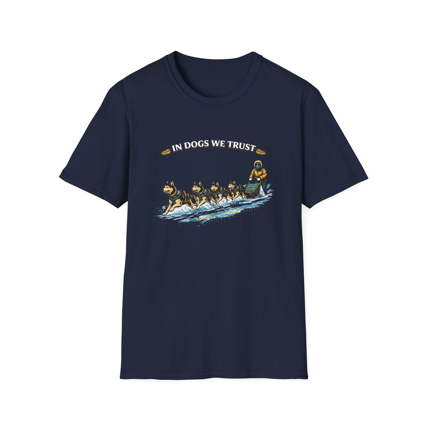 Musher & Sled Dogs T-Shirt — “In Dogs We Trust” Vintage Sledding Tee