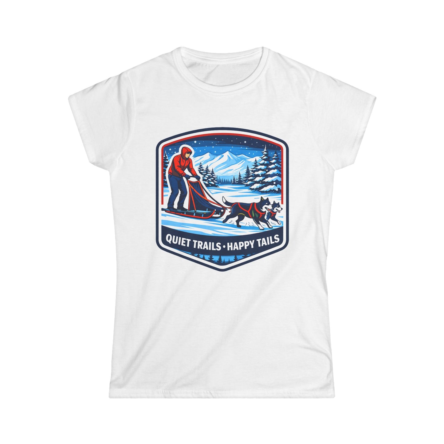 Quiet Trails, Happy Tails Women's Tee — Winter Skiing Dog Rescue Shirt