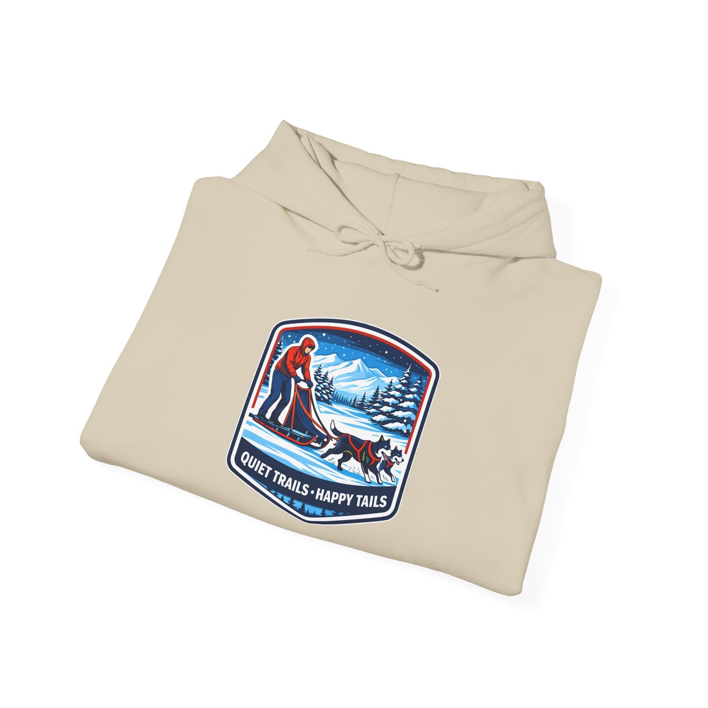 Winter Dog Sledding Hoodie — Quiet Trails, Happy Trails Patch