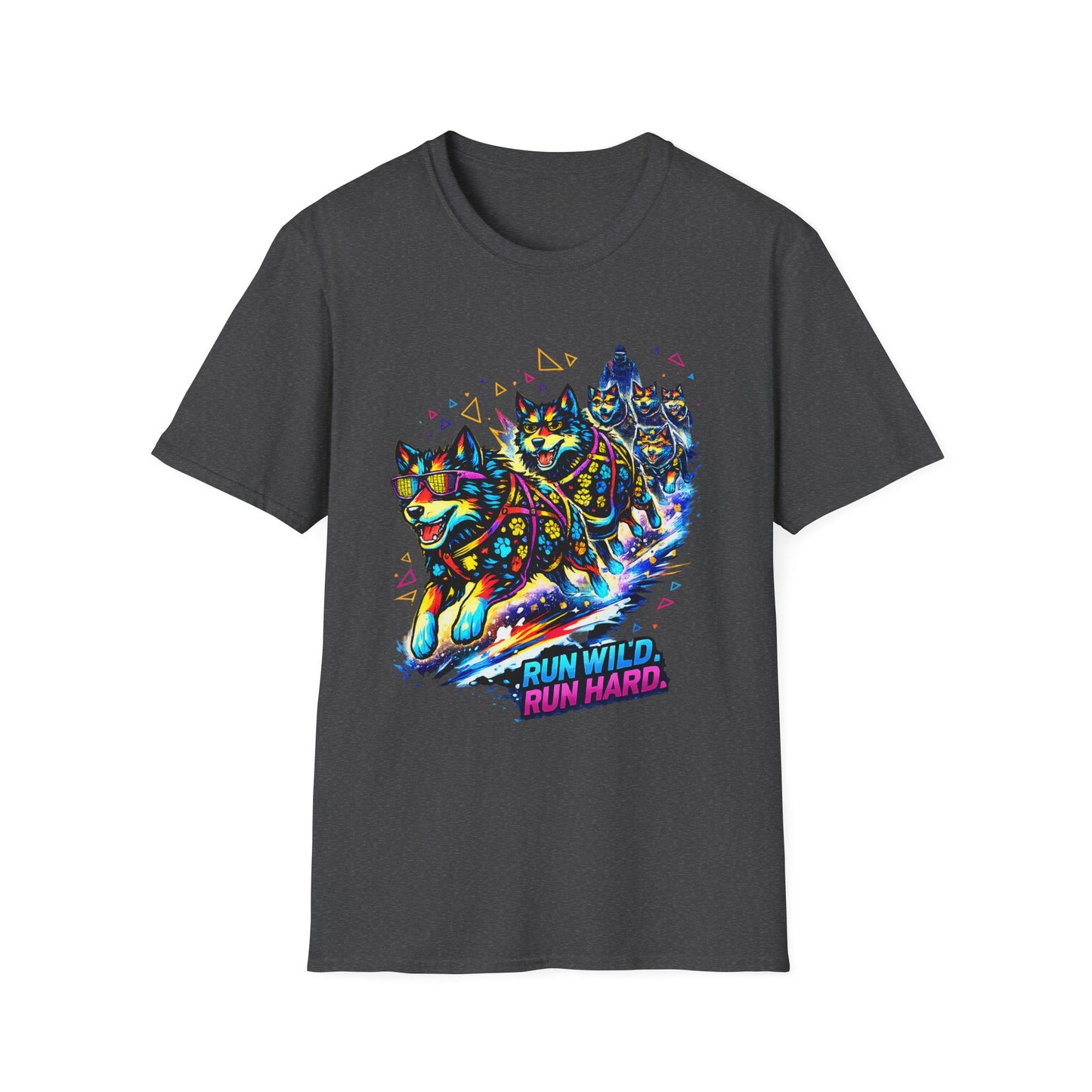 Husky Sled Team T-Shirt — 'Run Wild, Run Hard' Neon Adventure Tee