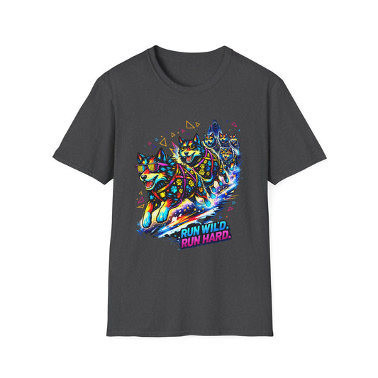 Husky Sled Team T-Shirt — 'Run Wild, Run Hard' Neon Adventure Tee