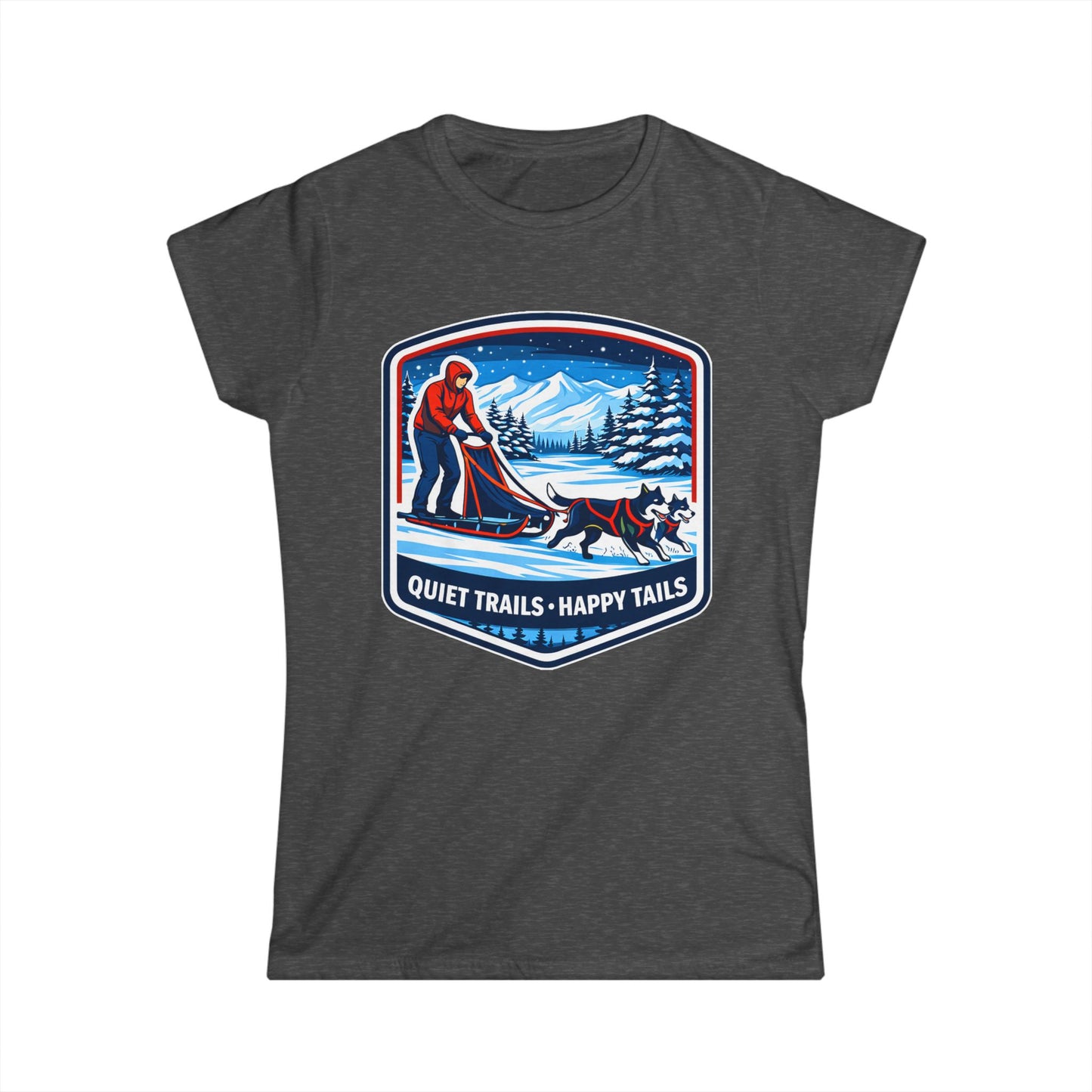 Quiet Trails, Happy Tails Women's Tee — Winter Skiing Dog Rescue Shirt
