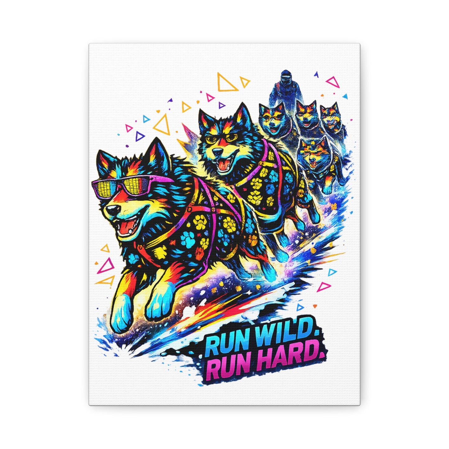 Vibrant Neon Huskies Canvas - "Run Wild, Run Hard" Stretched Wall Art
