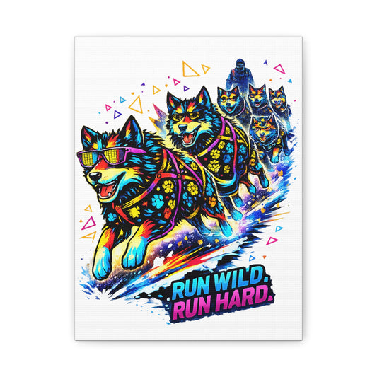 Vibrant Neon Huskies Canvas - "Run Wild, Run Hard" Stretched Wall Art