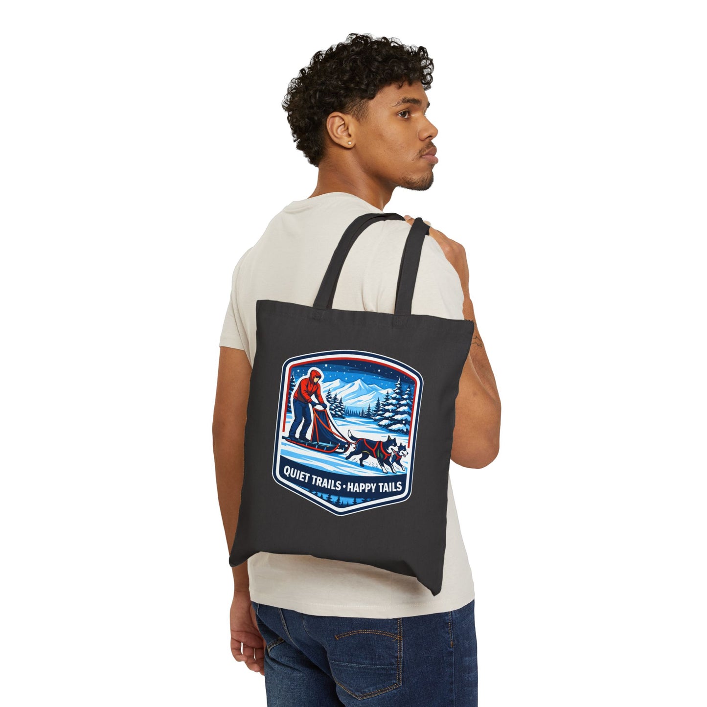 Tote Bag — "Quiet Trails, Happy Tails" Sled Dog Winter Canvas Tote