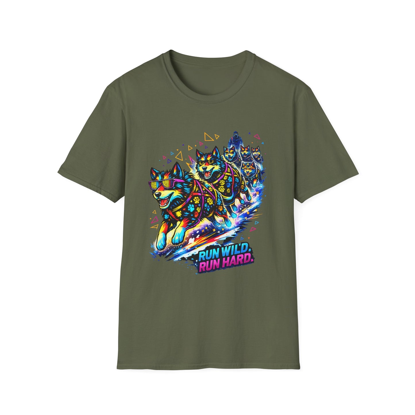 Husky Sled Team T-Shirt — 'Run Wild, Run Hard' Neon Adventure Tee