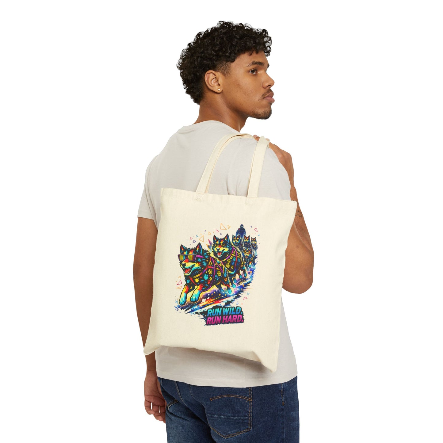 Run Wild Run Hard Cat Tote — Colorful Racing Cat Cotton Canvas Tote Bag