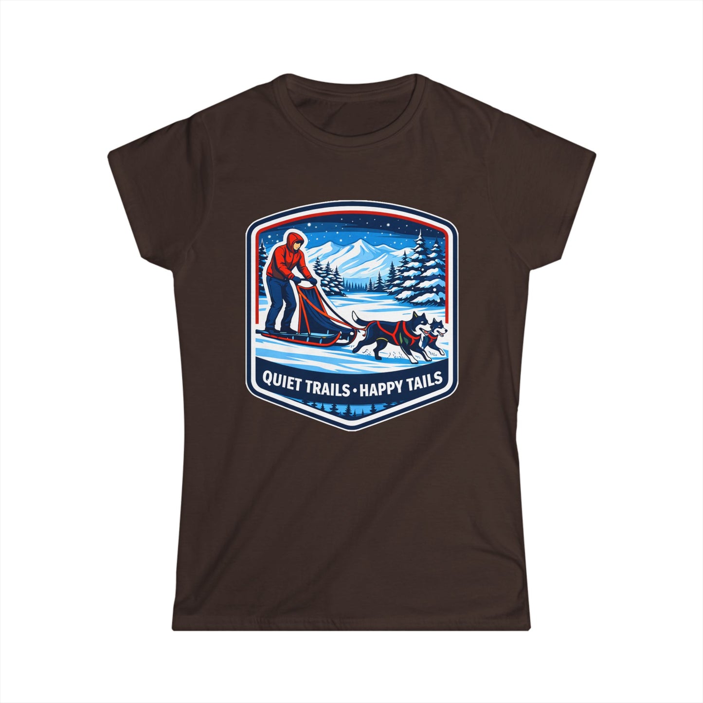 Quiet Trails, Happy Tails Women's Tee — Winter Skiing Dog Rescue Shirt