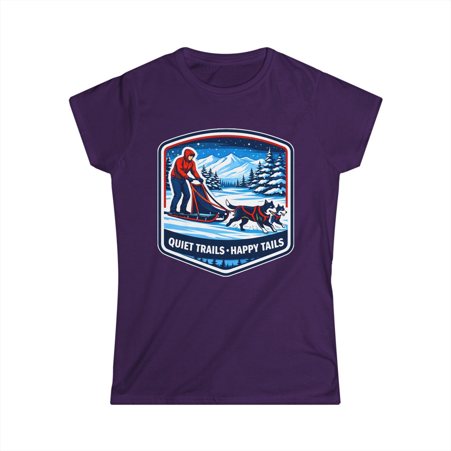 Quiet Trails, Happy Tails Women's Tee — Winter Skiing Dog Rescue Shirt