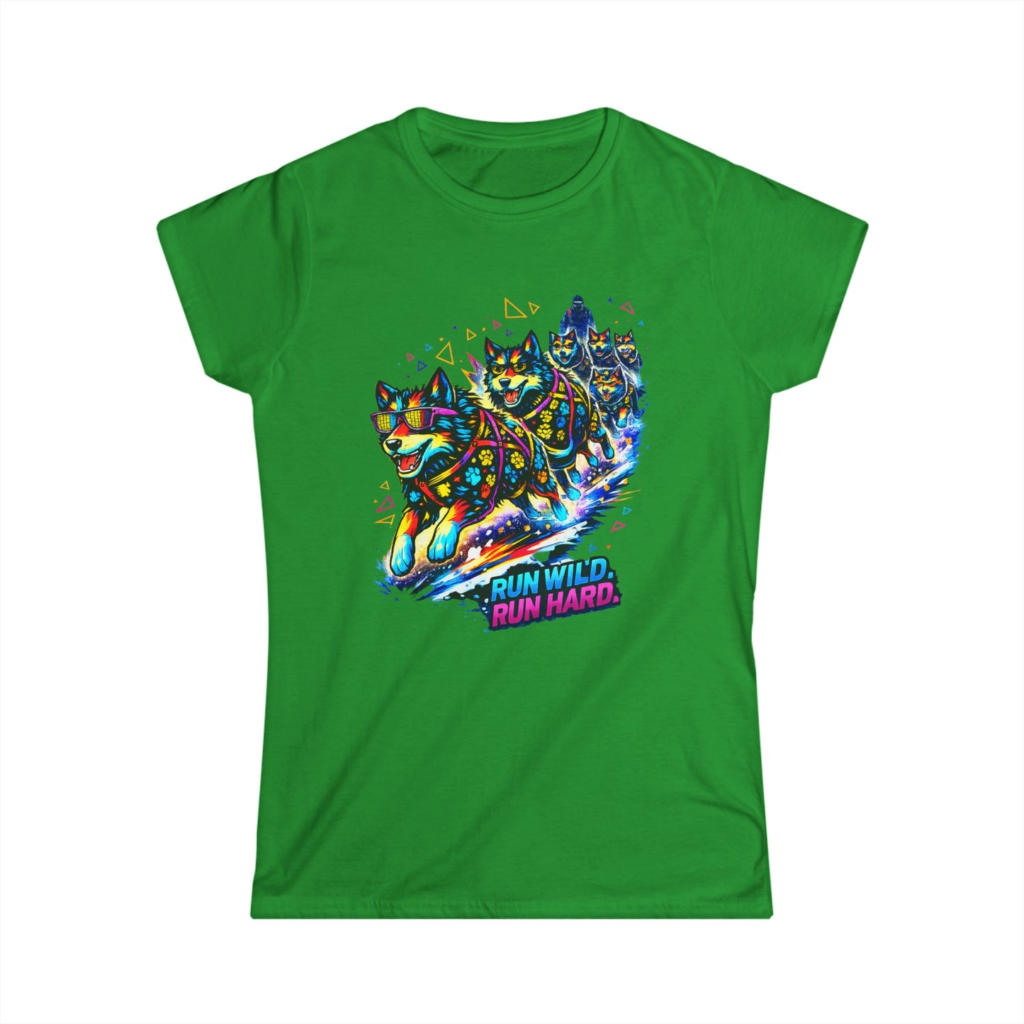 Women's Tee — Vibrant Husky Sled Team "Run Wild, Run Hard"