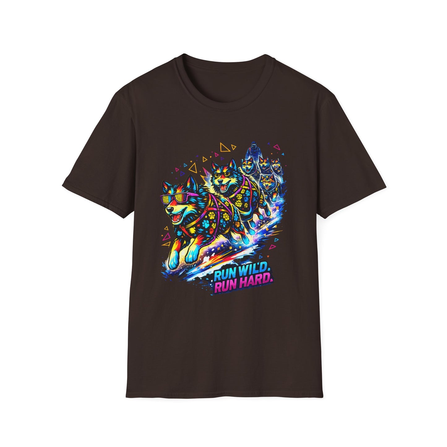 Husky Sled Team T-Shirt — 'Run Wild, Run Hard' Neon Adventure Tee