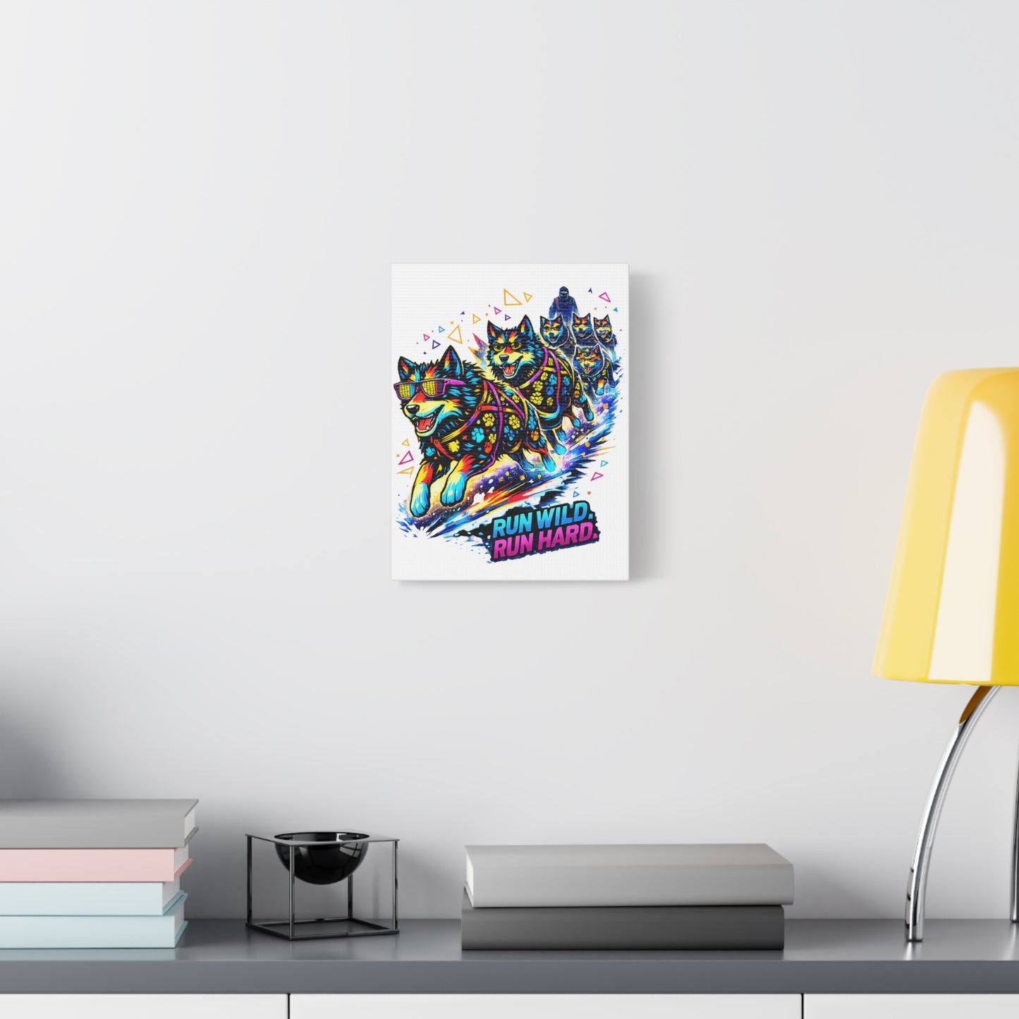 Vibrant Neon Huskies Canvas - "Run Wild, Run Hard" Stretched Wall Art