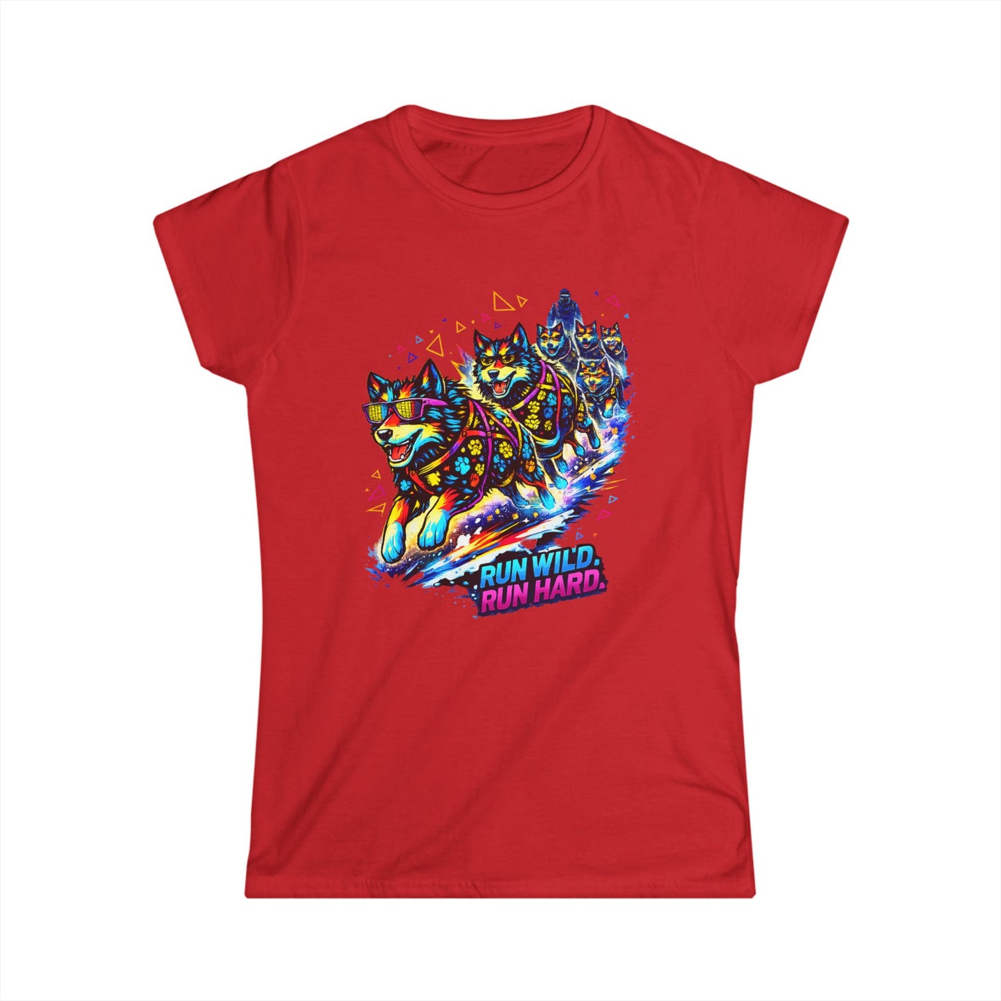 Women's Tee — Vibrant Husky Sled Team "Run Wild, Run Hard"