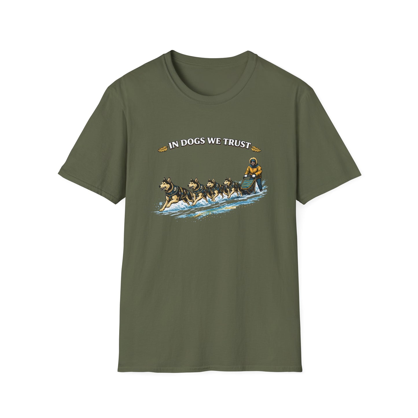 Musher & Sled Dogs T-Shirt — “In Dogs We Trust” Vintage Sledding Tee