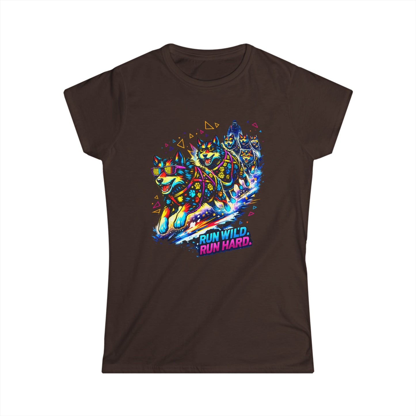 Women's Tee — Vibrant Husky Sled Team "Run Wild, Run Hard"
