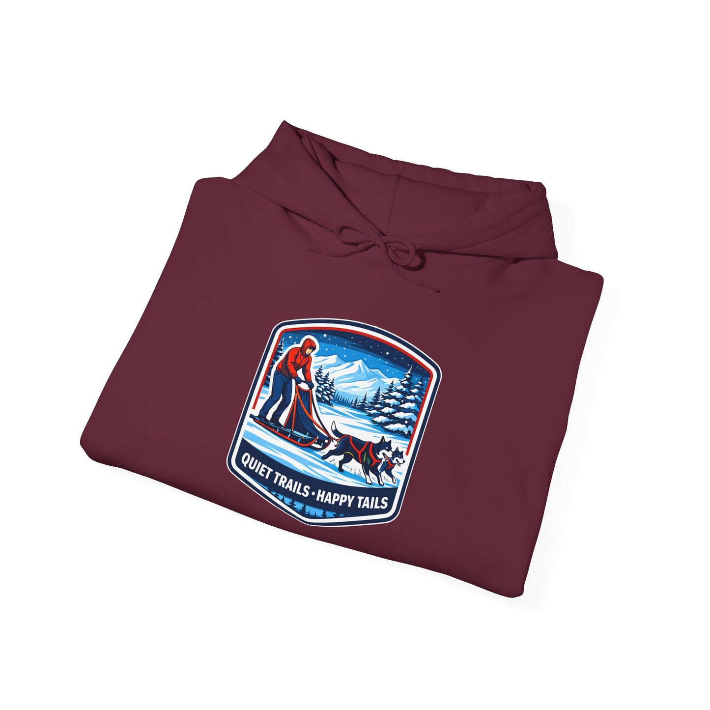 Winter Dog Sledding Hoodie — Quiet Trails, Happy Trails Patch